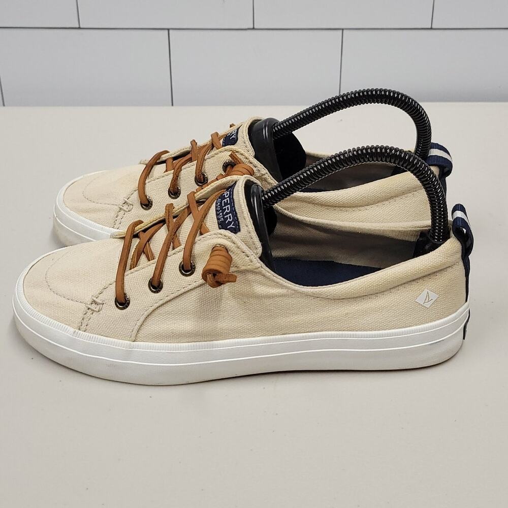Sperry Top-Sider Womens Size 7 Cream Canvas Boat Shoes Sneakers Leather Laces